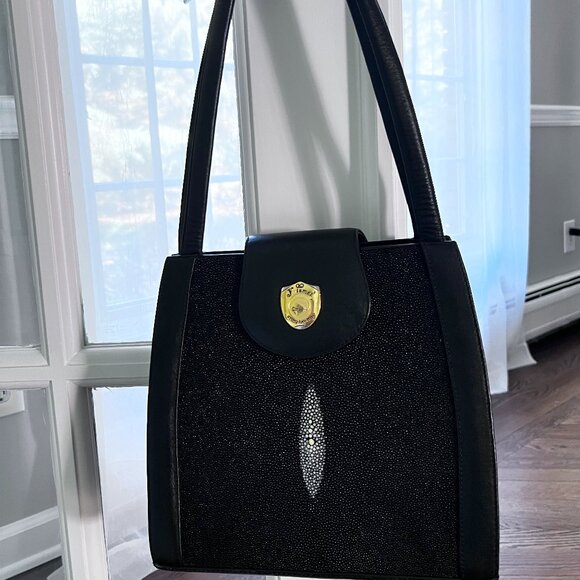 Kismet Genuine Stingray Leather Satchel Shoulder Handbag Black Thailand NEW - Picture 10 of 10